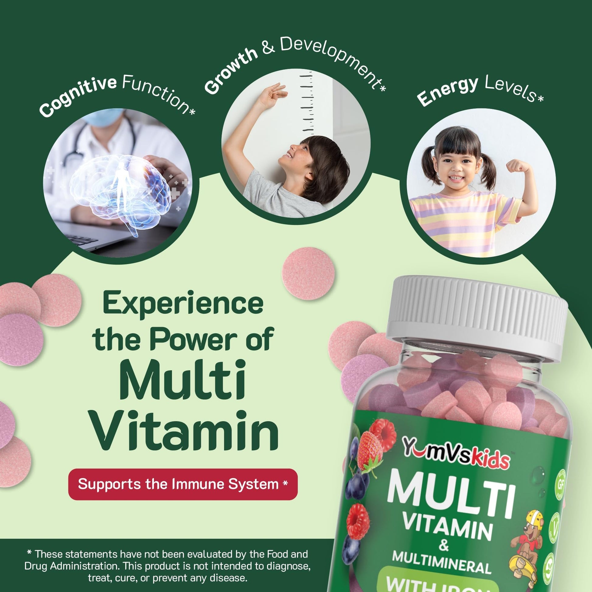 Soporte nutricional YumVs para niños con vitaminas esenciales.