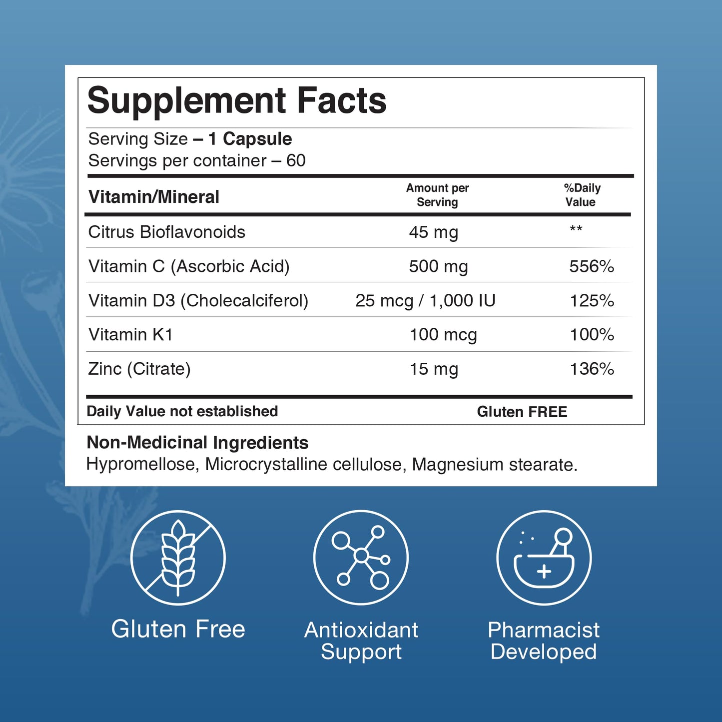 Información nutricional ZAX'S suplemento para moretones