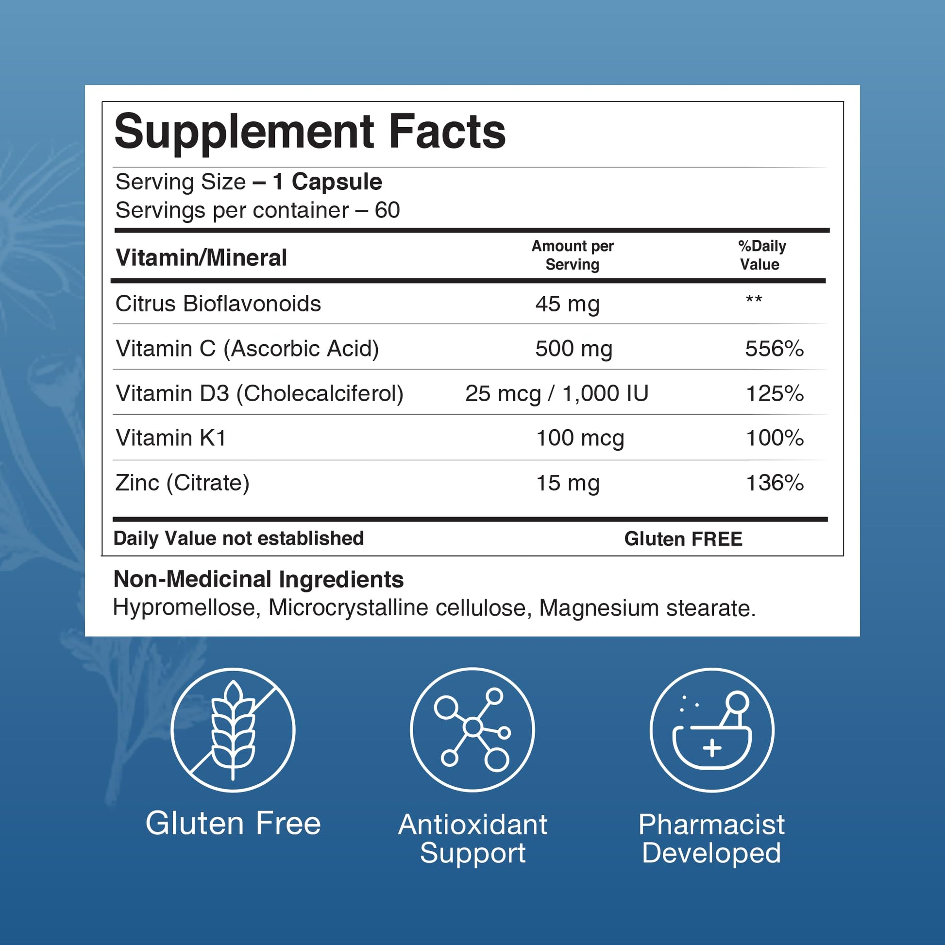 Información nutricional ZAX'S suplemento para moretones