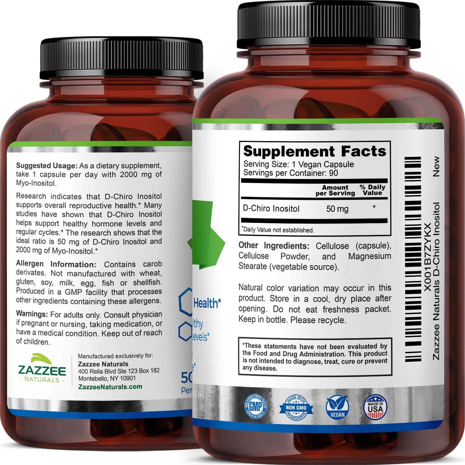 Zazzee D-Chiro Inositol suplemento cápsulas veganas para ciclo menstrual