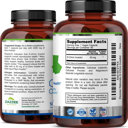 Zazzee D-Chiro Inositol suplemento cápsulas veganas para ciclo menstrual