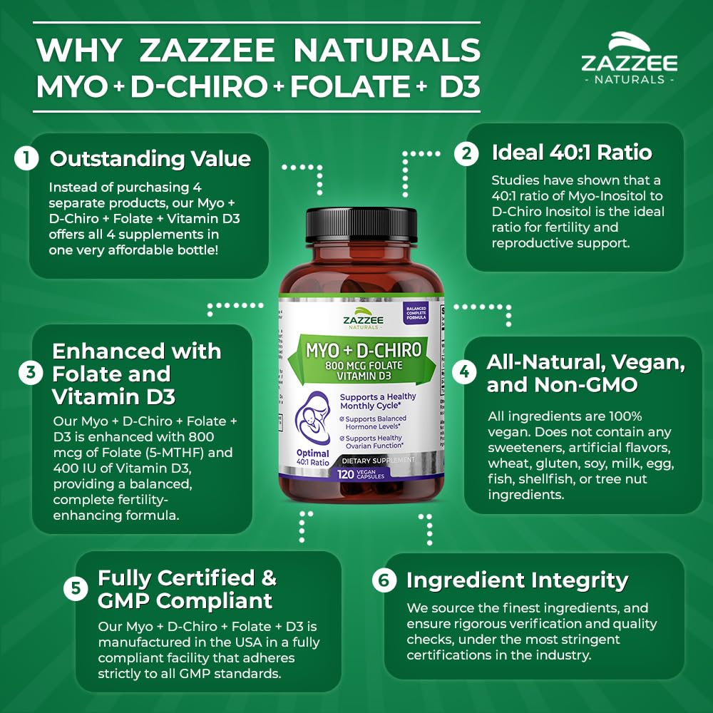 Zazzee Myo-Inositol suplemento fertilidad vegano 120 cápsulas