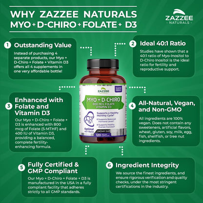 Zazzee Myo-Inositol suplemento fertilidad vegano 120 cápsulas