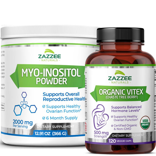 Zazzee polvo mio-inositol y cápsulas Vitex orgánico botella frontal