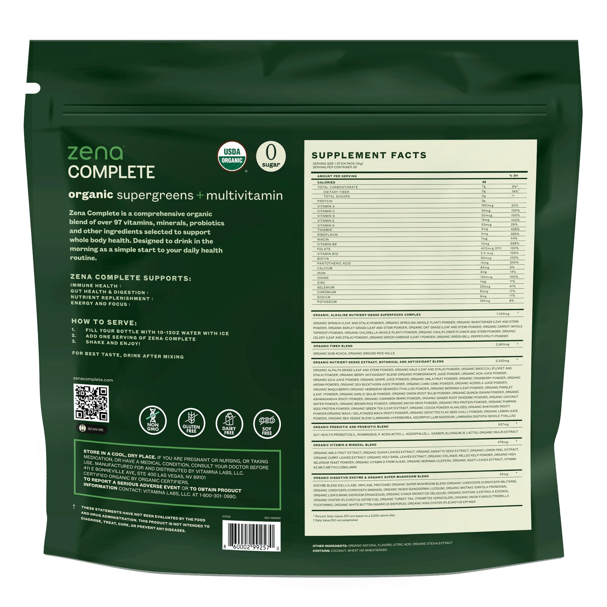 Zena Complete suplemento orgánico con 90+ nutrientes.