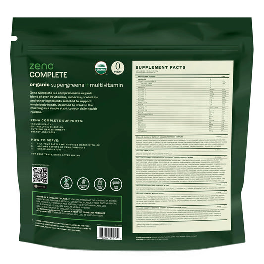 Zena Complete suplemento orgánico con 90+ nutrientes.