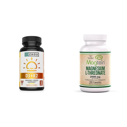 Paquete de vitamina d3 k2 y magnesio l-treonato de zhou nutrition para salud ósea