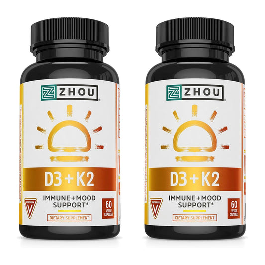 Paquete de Zhou vitamina D3 K2 suplemento vegano 60 cápsulas