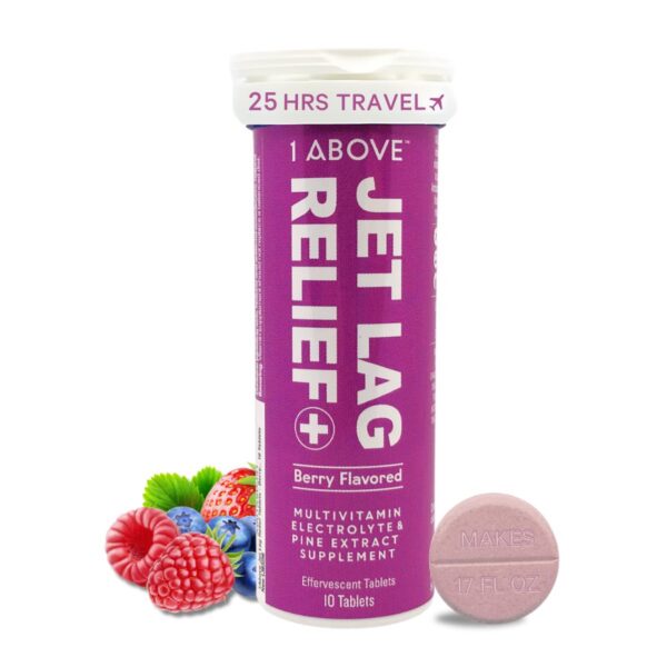 Frente de la caja de 1Above Jet Lag Tablets Berry