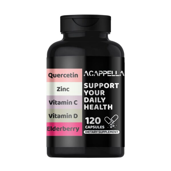 Frasco de cápsulas ACAPPELLA con etiqueta frontal