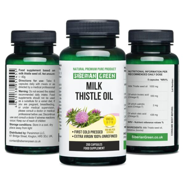 Aceite cardo mariano siberiano botella y cápsulas sobre mesa