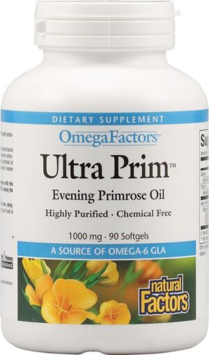 Aceite de Onagra Natural Factors Ultra Prim 1000mg caja y botellas