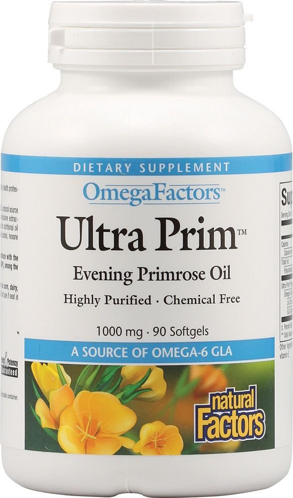 Aceite de Onagra Natural Factors Ultra Prim 1000mg caja y botellas