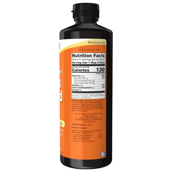 Aceite de semilla de lino orgánico color marrón en botella NOW Foods