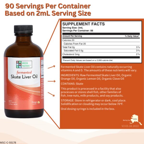 Aceite líquido fermentado de hígado de raya sabor naranja Green Pasture