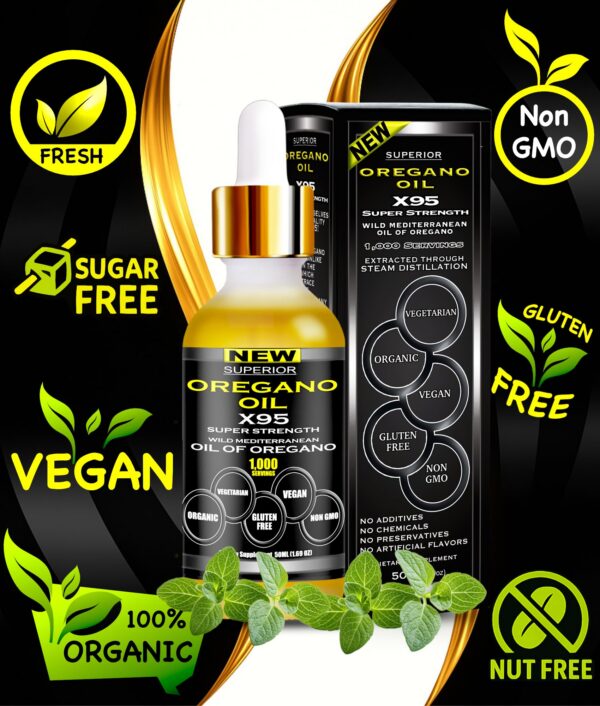 Aceite natural de orégano silvestre X95 frasco frontal
