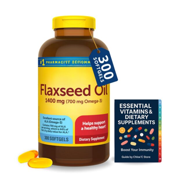 Frasco de suplemento Aceite de Semilla de Lino Chloe'C 1400 mg 300 cápsulas