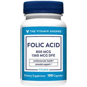 Frasco de ácido fólico 800mcg The Vitamin Shoppe 100 cápsulas