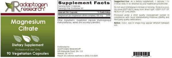 Etiqueta frontal de magnésio citrato Adaptogen Research