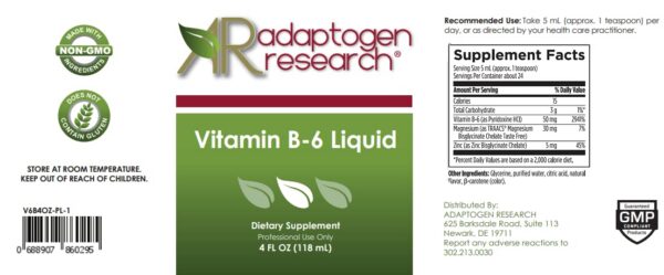 Version 1.0.0 Adaptogen Research Vitamina B6 líquido etiqueta detalle