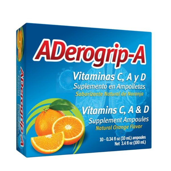 Caja ADEROGRIP-A vitamina C A D 10 ampollas sabor naranja