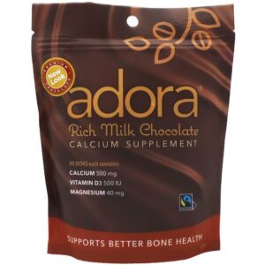Empaque frontal de Adora Calcium Supplement con chocolate con leche