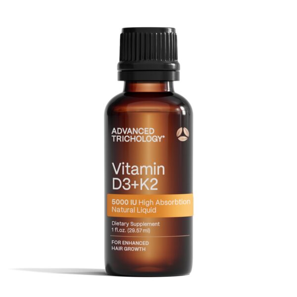 Frasco de Advanced Trichology Vitamina D3 + K2 líquida con etiqueta