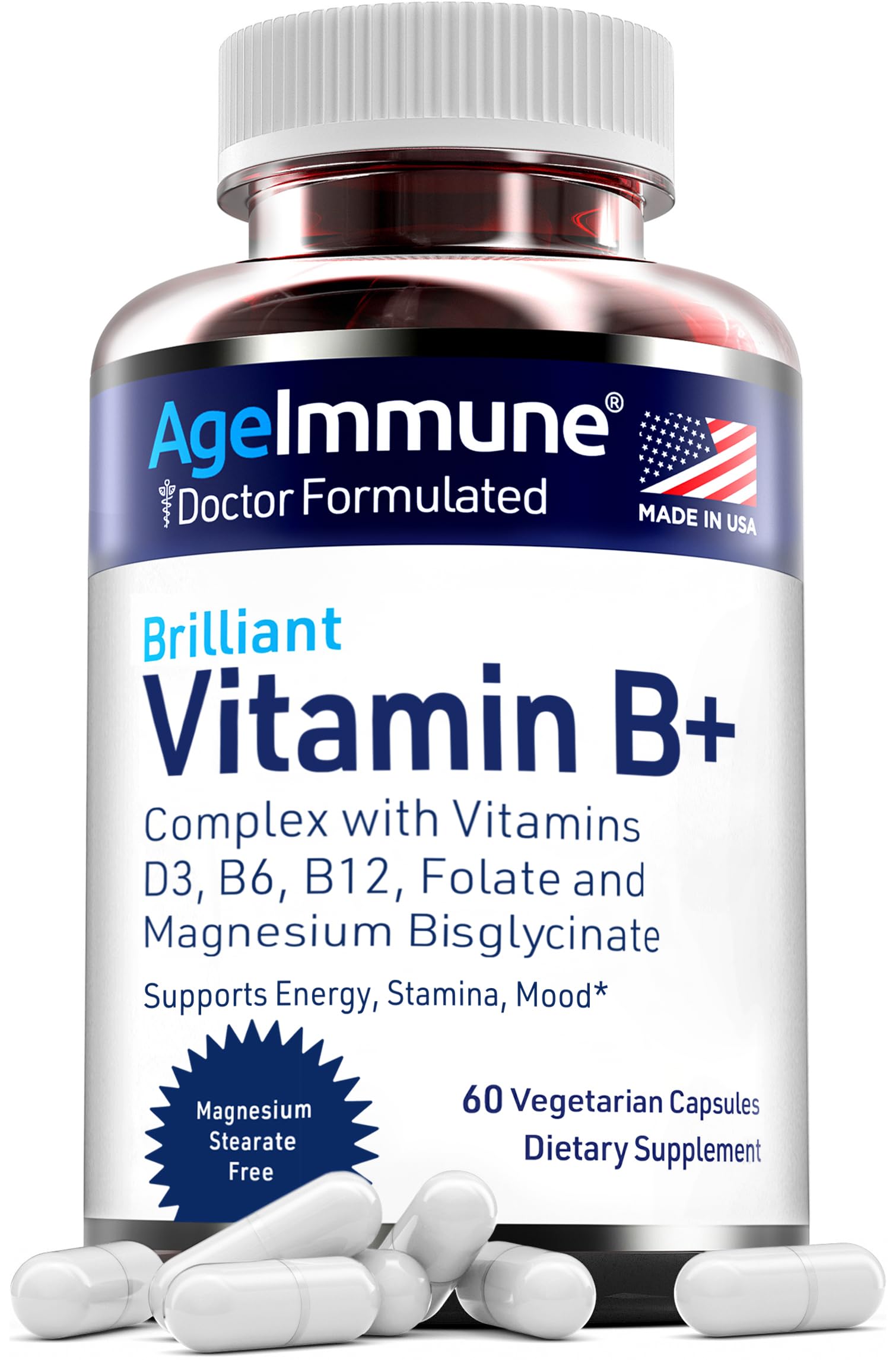 AgeImmune B-Complex Vitamins with B6, D3, Magnesium & Methylated Folate
