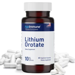 Botella de AgeImmune Lithium Orotate 10 mg con 60 cápsulas vegetarianas