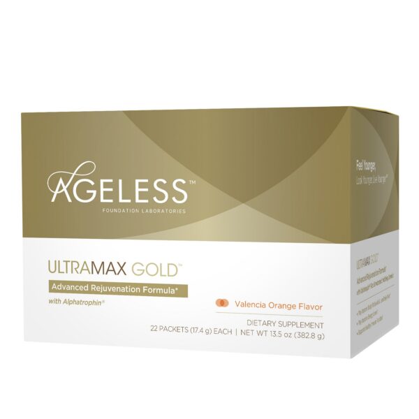Version 1.0.0 AGELESS UltraMAX Gold suplemento antiedad 22 sobres naranja