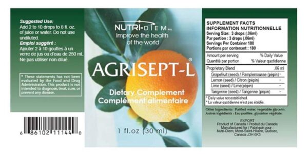 Etiqueta detallada del suplemento Nutri-Diem Agrisept-L