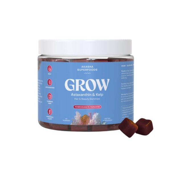 Frasco de gominolas Akasha para crecer cabello con ingredientes antioxidantes