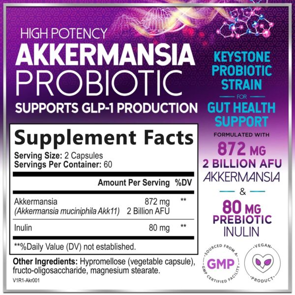 Etiqueta del suplemento Akkermansia GLP-1 con información nutricional