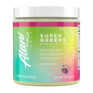 Alani Nu Super Greens Wild Berry polvo suplemento en envase
