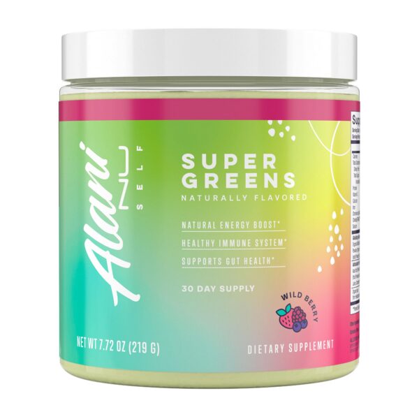 Version 1.0.0 Alani Nu Super Greens Wild Berry polvo suplemento en envase