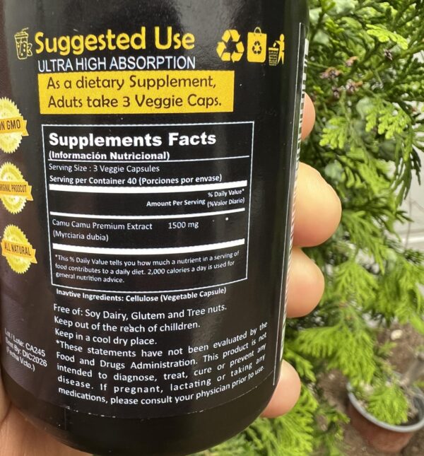 Etiqueta frontal de Camu Camu cápsulas
