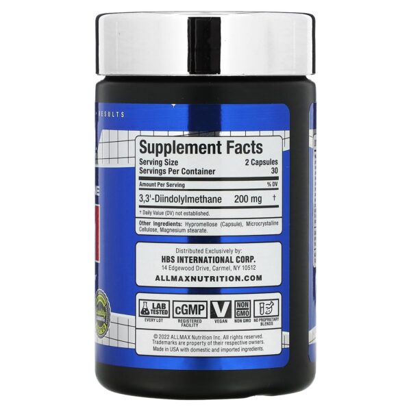 Etiqueta de ALLMAX Essentials DIM 100mg mostrando beneficios