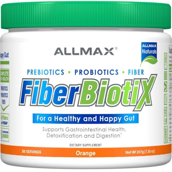 ALLMAX FiberBiotix suplemento salud intestinal fibra y probióticos naranja