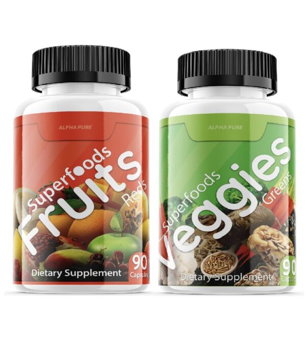 Version 1.0.0 Alpha Pure Superfoods Reds y Greens cápsulas mostradas en el paquete