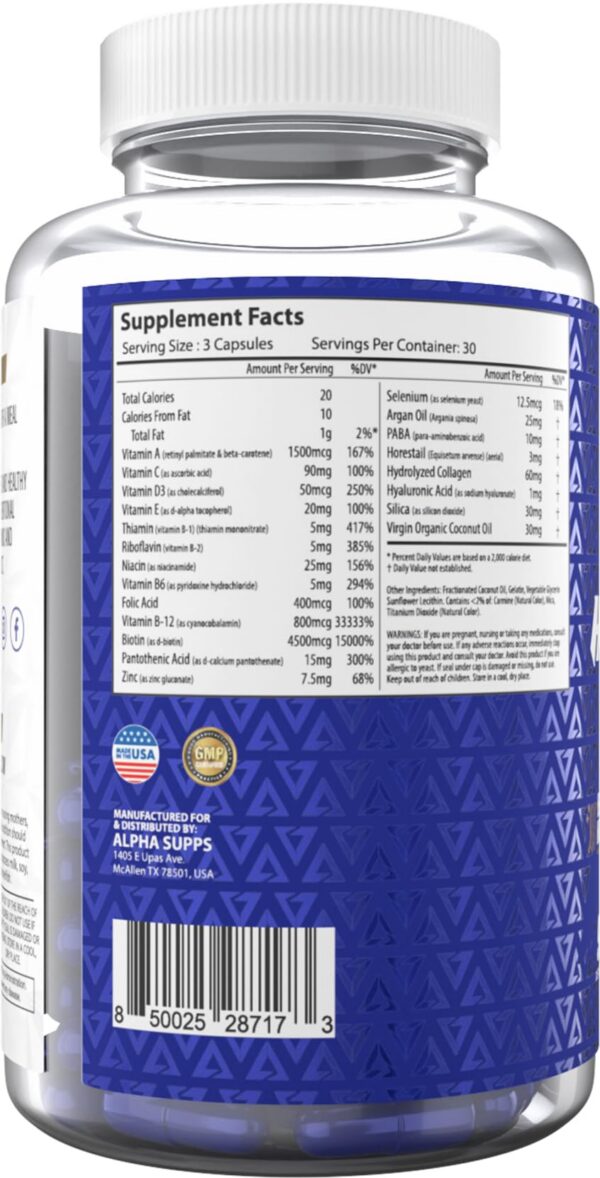 Etiqueta del producto Alpha Supps biotina colageno argán