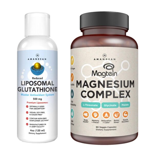 Frasco AMANDEAN Liposomal Glutathione y Magnesio 3-en-1 líquido front