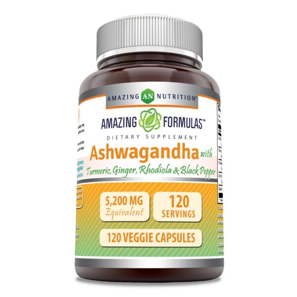 Suplemento Ashwagandha 5200 mg con cúrcuma y jengibre en cápsulas vegetales