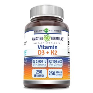 Amazing Formulas Vitamina D3 5000 UI con K2 100 Mcg botella frontal 250 cápsulas vegetales