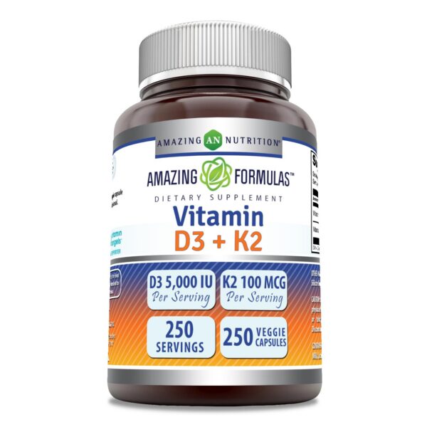 Amazing Formulas Vitamina D3 5000 UI con K2 100 Mcg botella frontal 250 cápsulas vegetales
