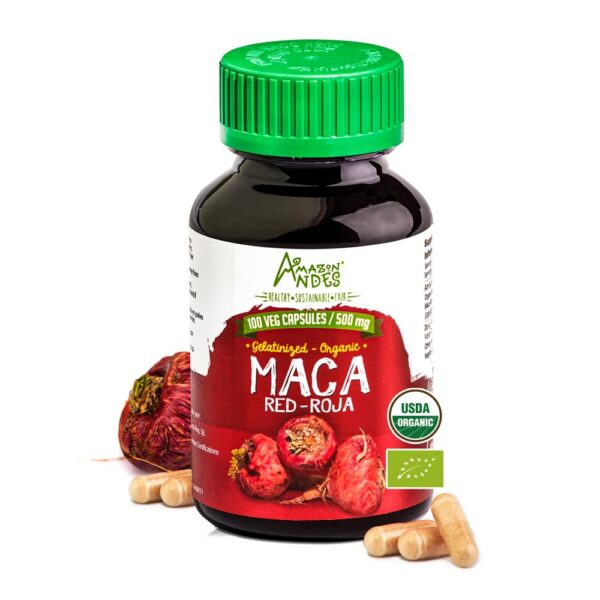Version 1.0.0 Amazon Andes Red Maca Root Capsulas etiqueta frontal