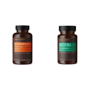 Frente de la caja Amazon Elements B Complex y Biotina vegana