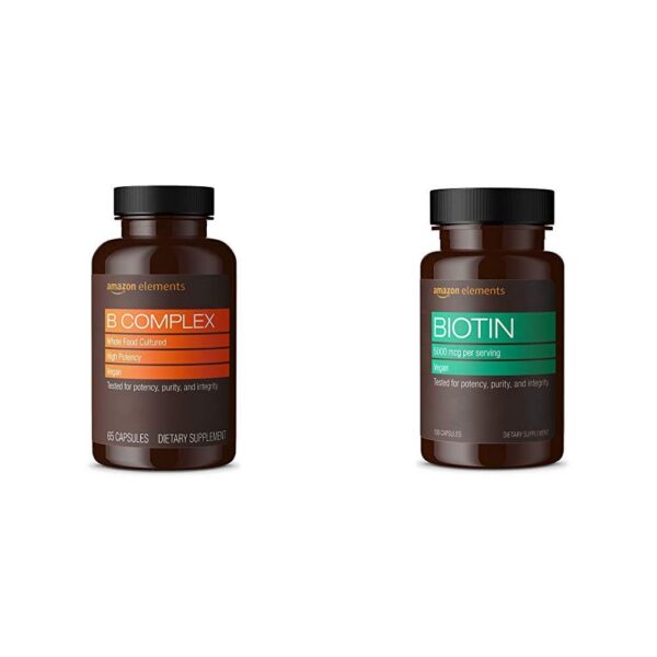 Frente de la caja Amazon Elements B Complex y Biotina vegana