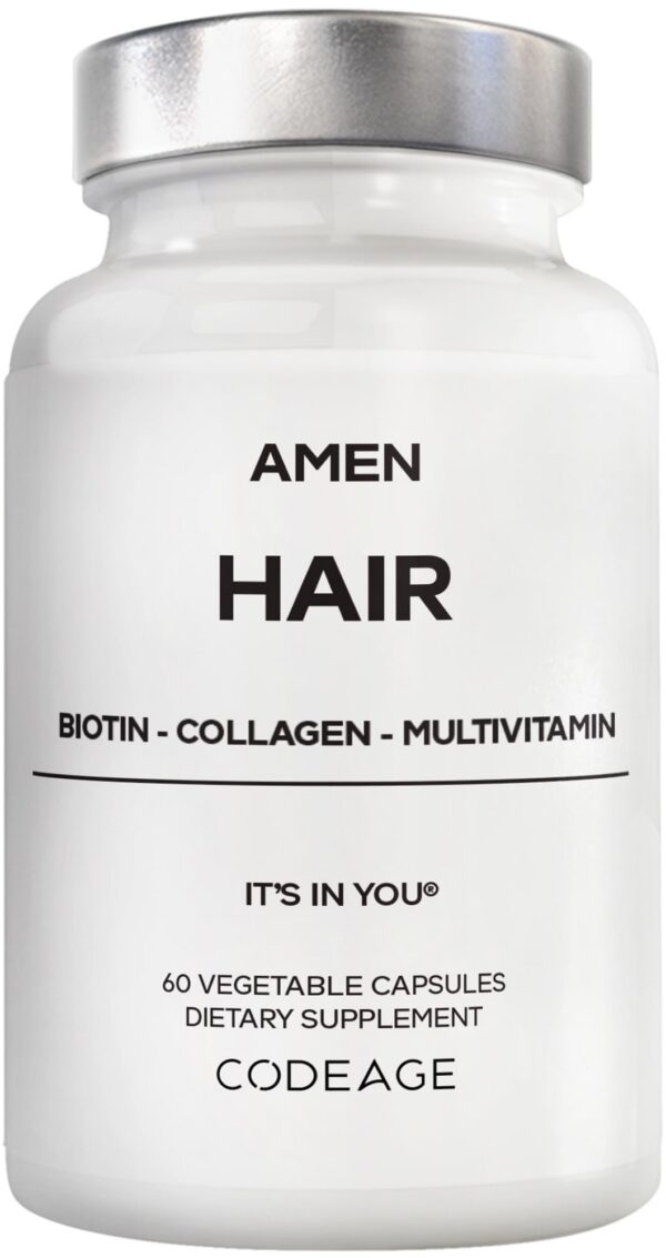 Version 1.0.0 Frasco Amen Hair Vitamins frente de la etiqueta