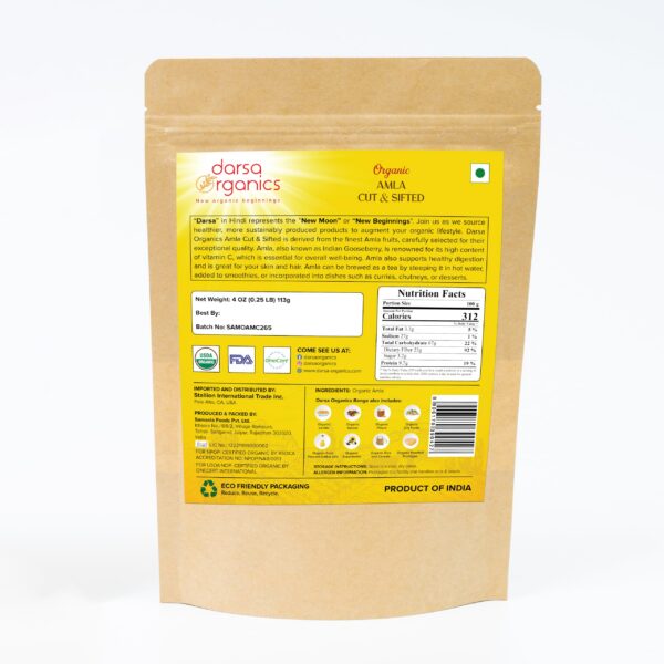 Amla seco cortado y cernido Darsa Organics en bolsa resellable