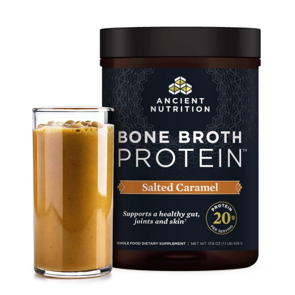Frente del envase Ancient Nutrition Bone Broth Protein Salted Caramel